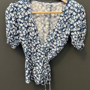 Reformation Navy Floral Puff Sleeve Blouse